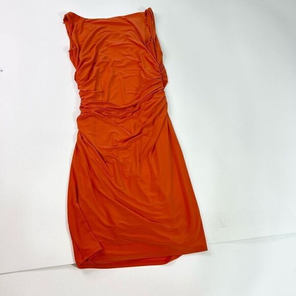 Lauren Ralph Lauren Midi Dress Womens 14 Red Stretch Drapered Neck Ruched Side - Picture 8 of 9